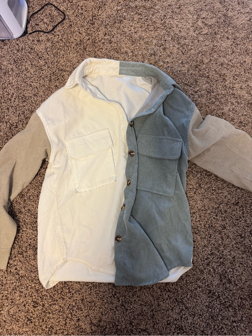 Colorblock Corduroy Shacket Jacket - Cream, Sage & Tan